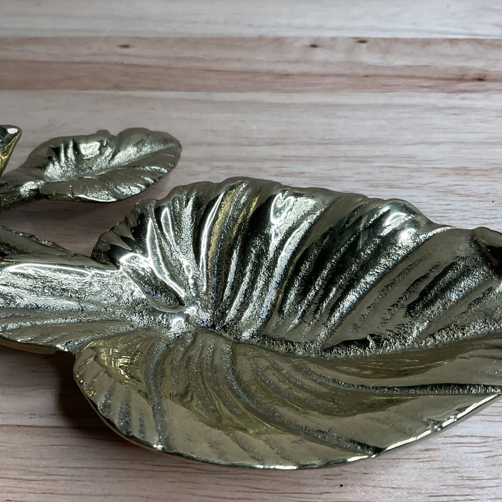 Vintage Gold  Brass Trinket Dish Jewelry Holder Leaf Small Bird Water Bowl - Picture 5 of 15